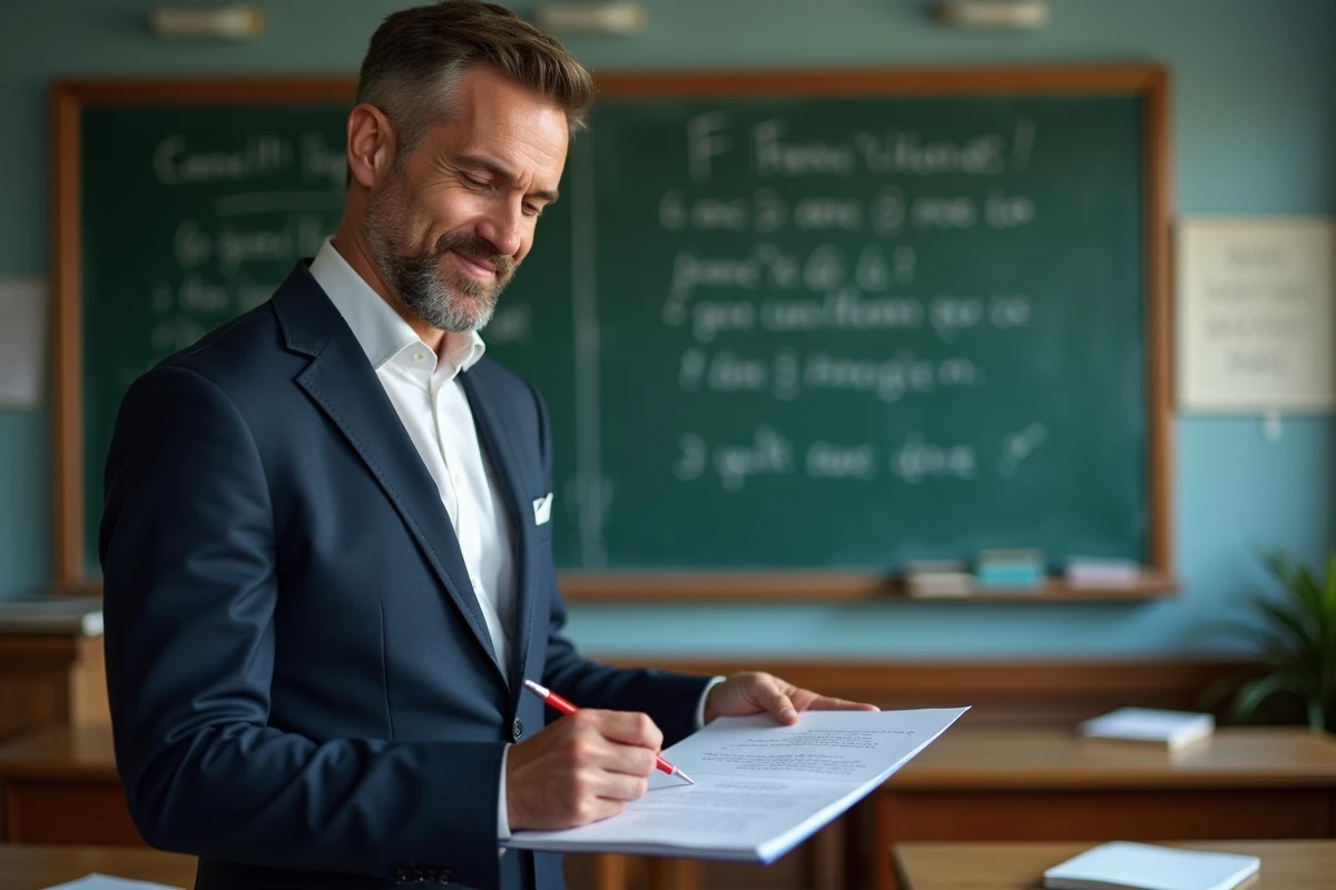 Professeur en classe vérifiant un devoir de français