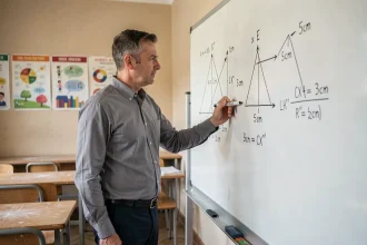 Professeur de mathématiques expliquant le volume d'une pyramide à base carrée au tableau avec des formules en cm³