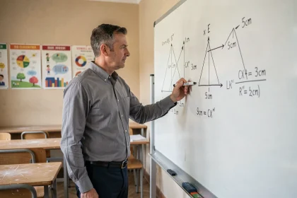 Professeur de mathématiques expliquant le volume d'une pyramide à base carrée au tableau avec des formules en cm³