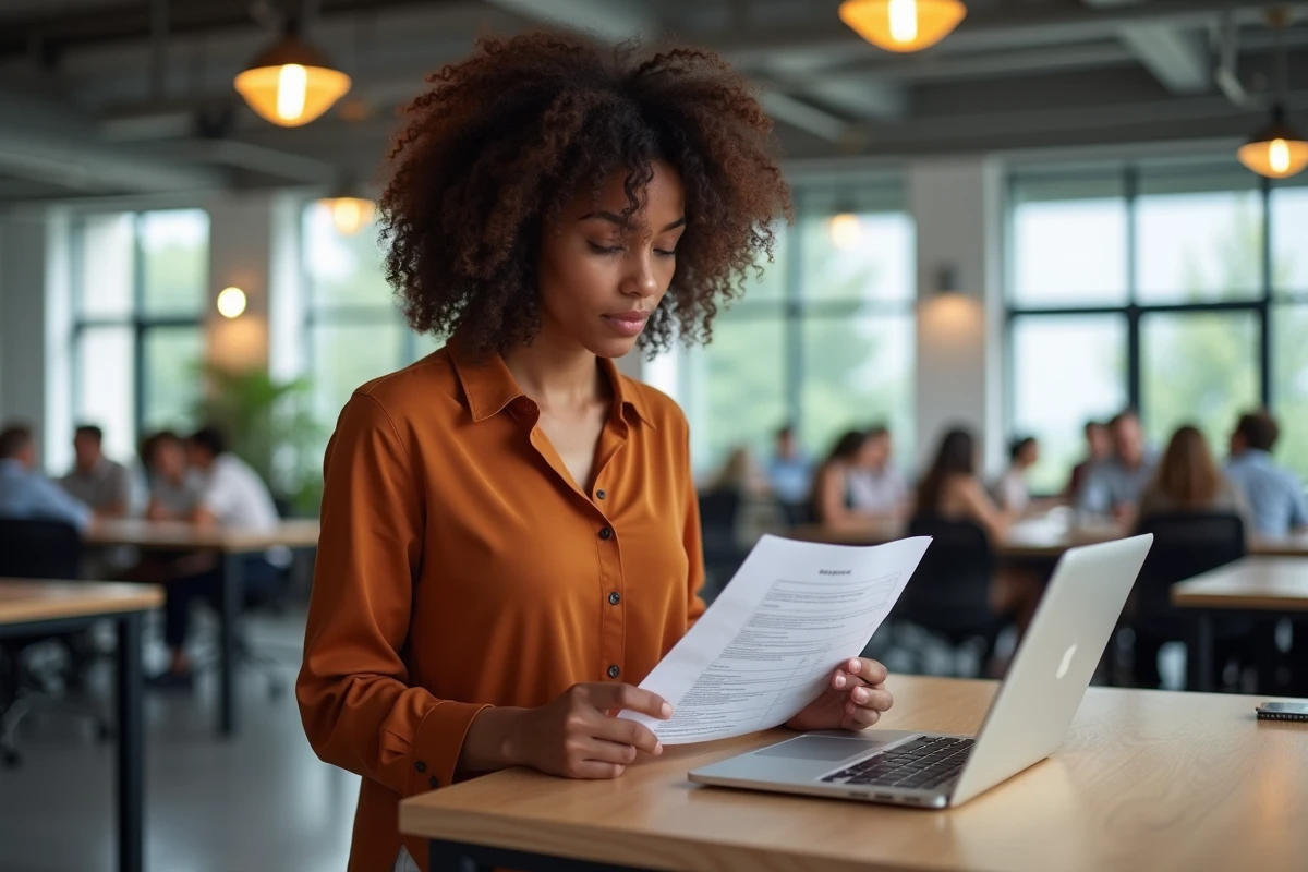 Professionnelle indépendante vérifiant les détails cachés d'un abonnement gratuit dans un espace de coworking