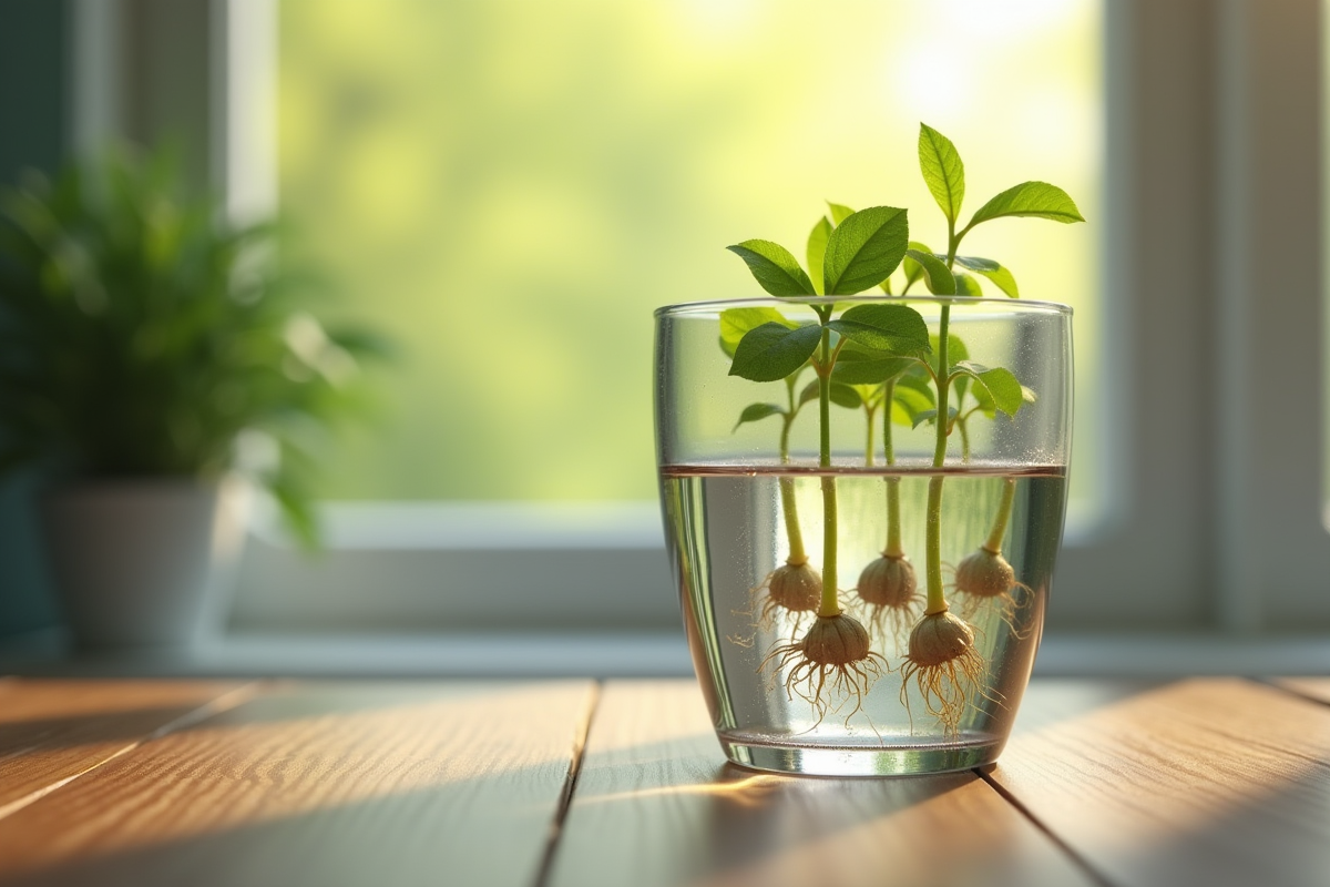 Eau dans un verre avec des boutures de chèvrefeuille en racines