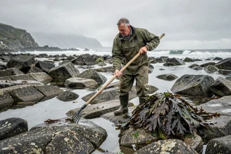 Goémonier récoltant des algues goémon à marée basse sur les rochers de la côte bretonne