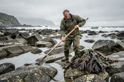 Goémonier récoltant des algues goémon à marée basse sur les rochers de la côte bretonne