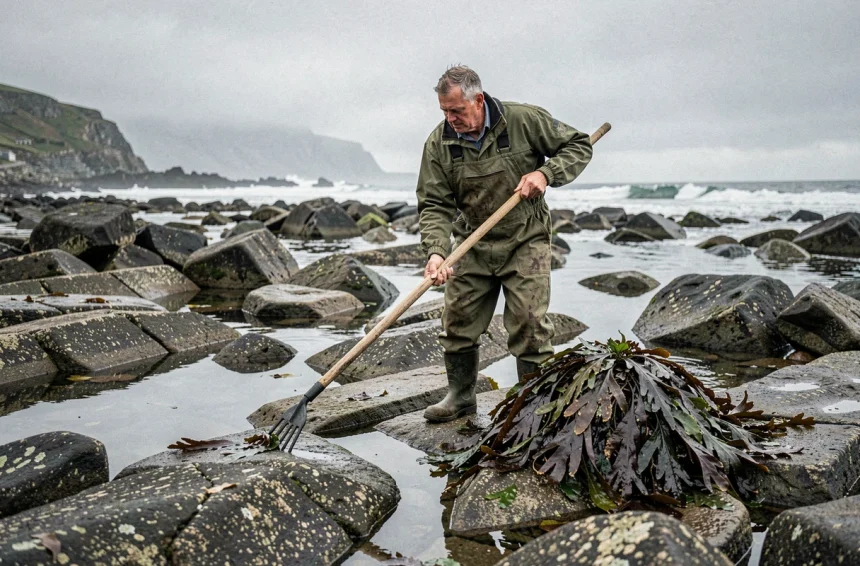 Goémonier récoltant des algues goémon à marée basse sur les rochers de la côte bretonne