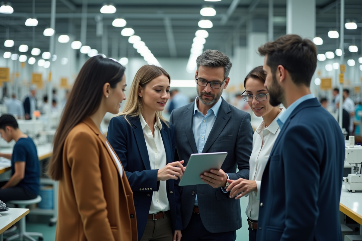 Groupe de cadres discutant devant un rapport numérique en usine