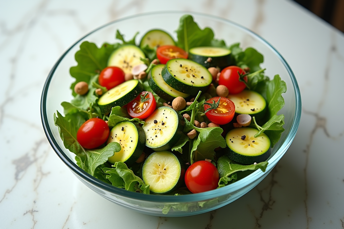 Salade saine avec courgettes jaunes tranchées et légumes frais