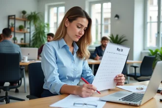 Femme salariée qui consulte un calendrier de mai 2026 pour planifier ses ponts et jours fériés au bureau