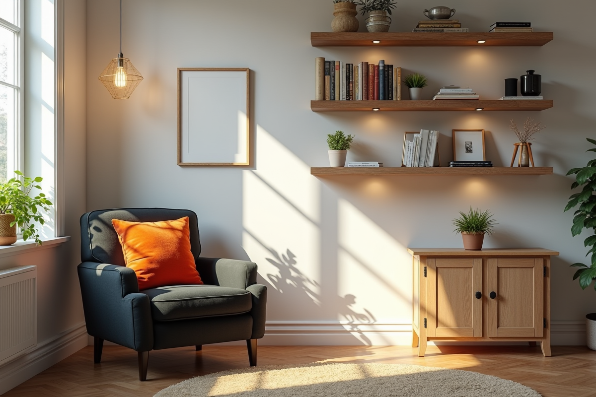 Salon contemporain lumineux avec coussins colorés et étagères