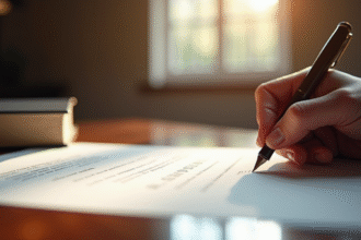 Gros plan sur des mains signant un contrat civil avec une plume