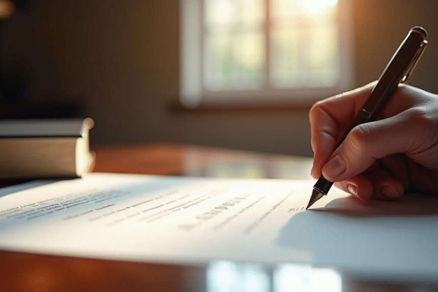 Gros plan sur des mains signant un contrat civil avec une plume