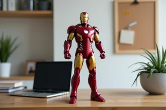 Statue Iron Man posée sur un bureau moderne en bois avec laptop et plante succulente, idée de décoration pour bureau stylé