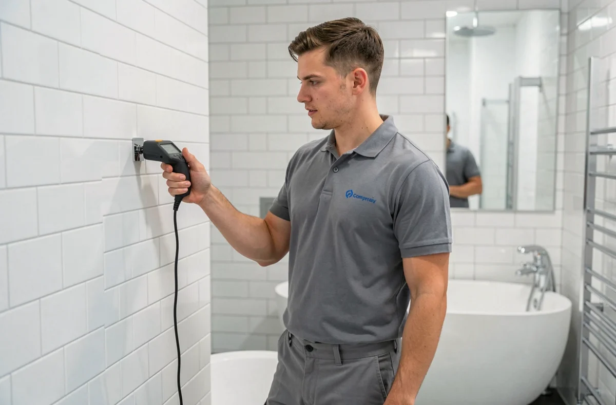 Plombier Strasplomberie inspectant une salle de bain moderne à Strasbourg
