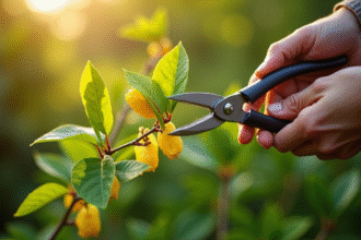 Mains de jardinier coupant un tige de chèvrefeuille au matin
