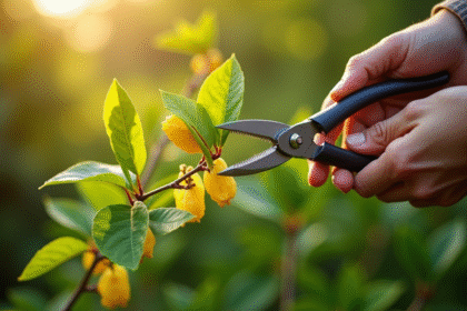 Mains de jardinier coupant un tige de chèvrefeuille au matin