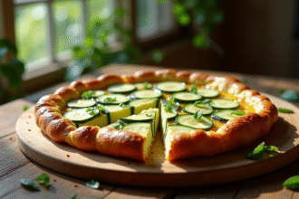 Tarte courgette chèvre fraîchement tranchée sur une table en bois