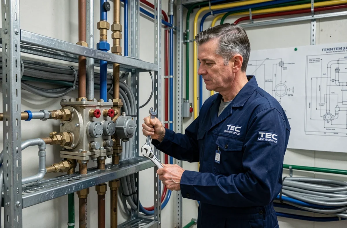 Technicien TEC Maintenance vérifiant un collecteur de plomberie dans une salle technique
