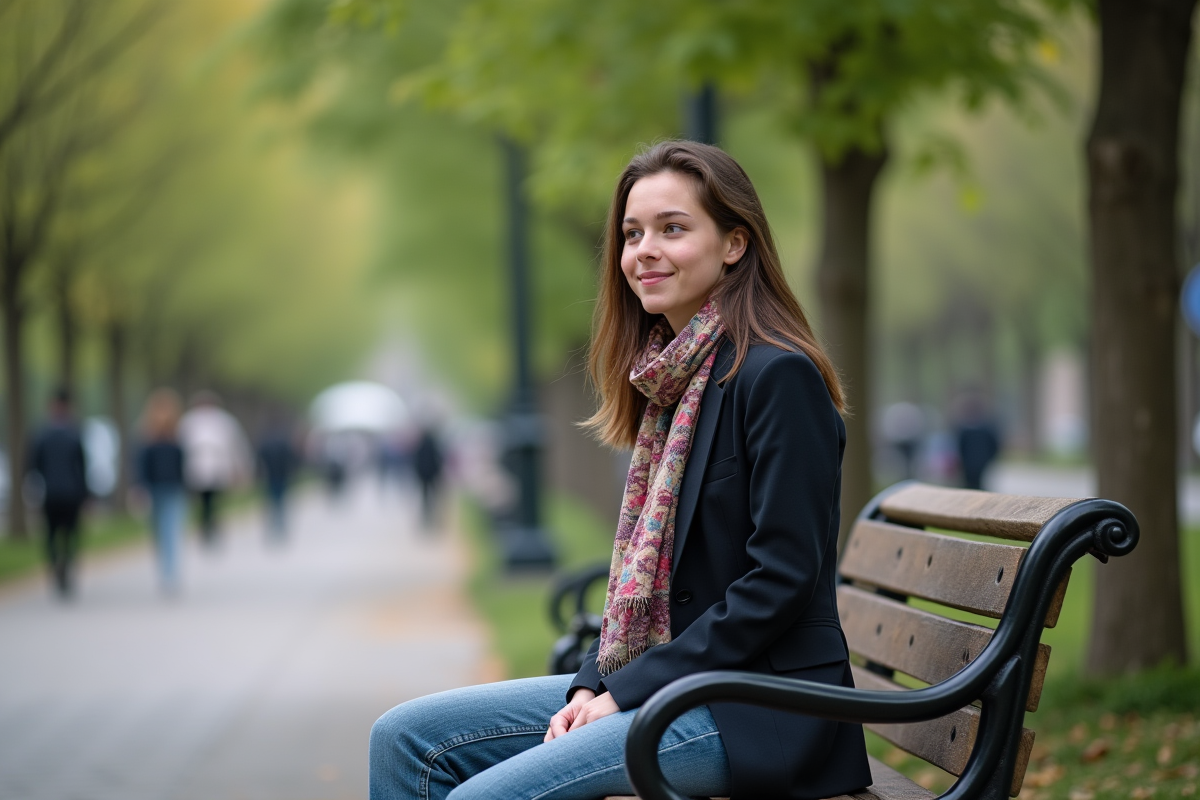 Adolescent nonbinaire assis sur un banc dans un parc urbain