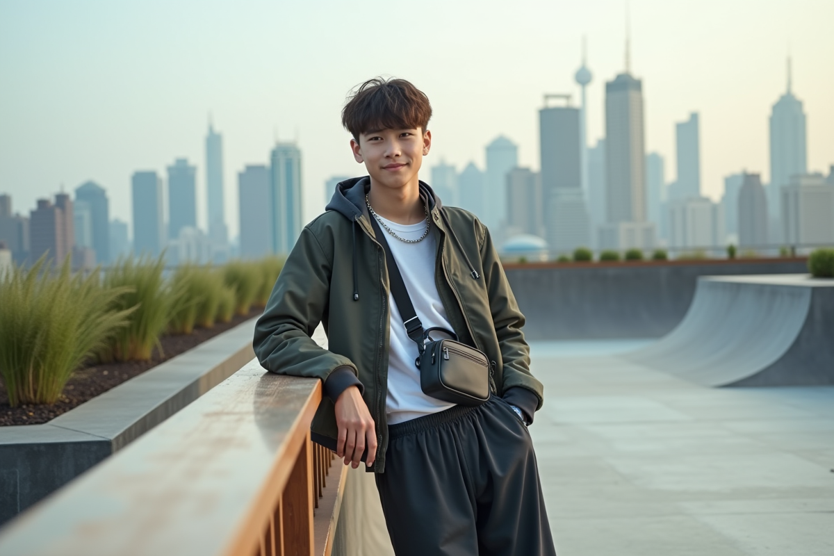 Adolescent en style techwear au skatepark urbain