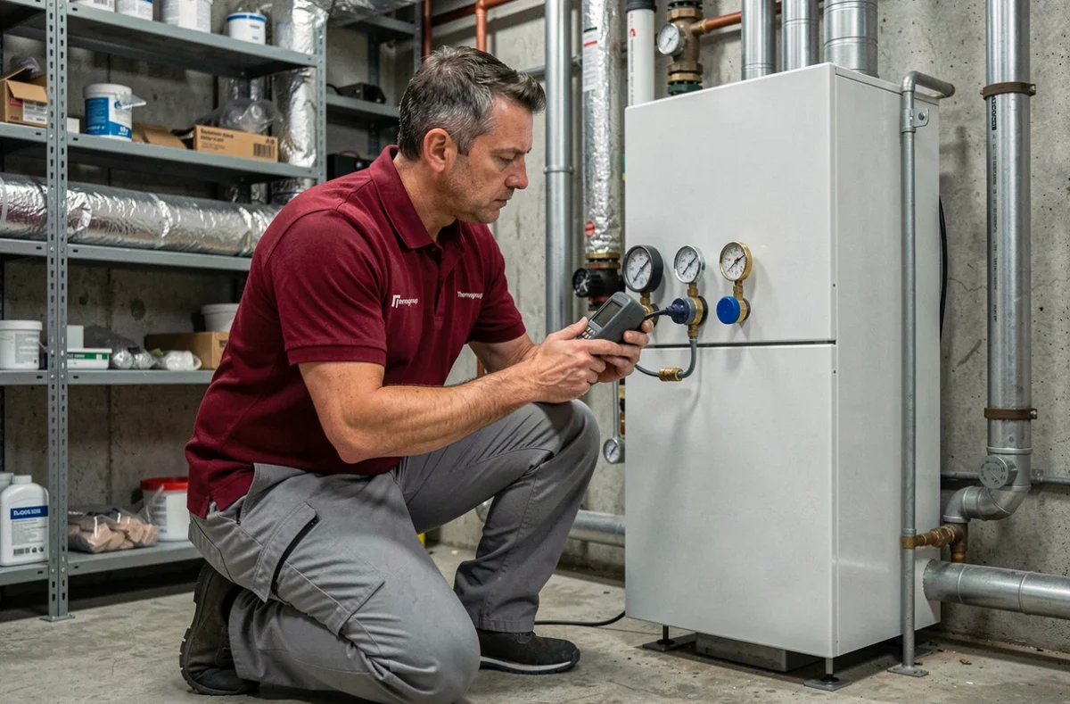Chauffagiste Thermogroup diagnostiquant une chaudière au sol dans une chaufferie résidentielle