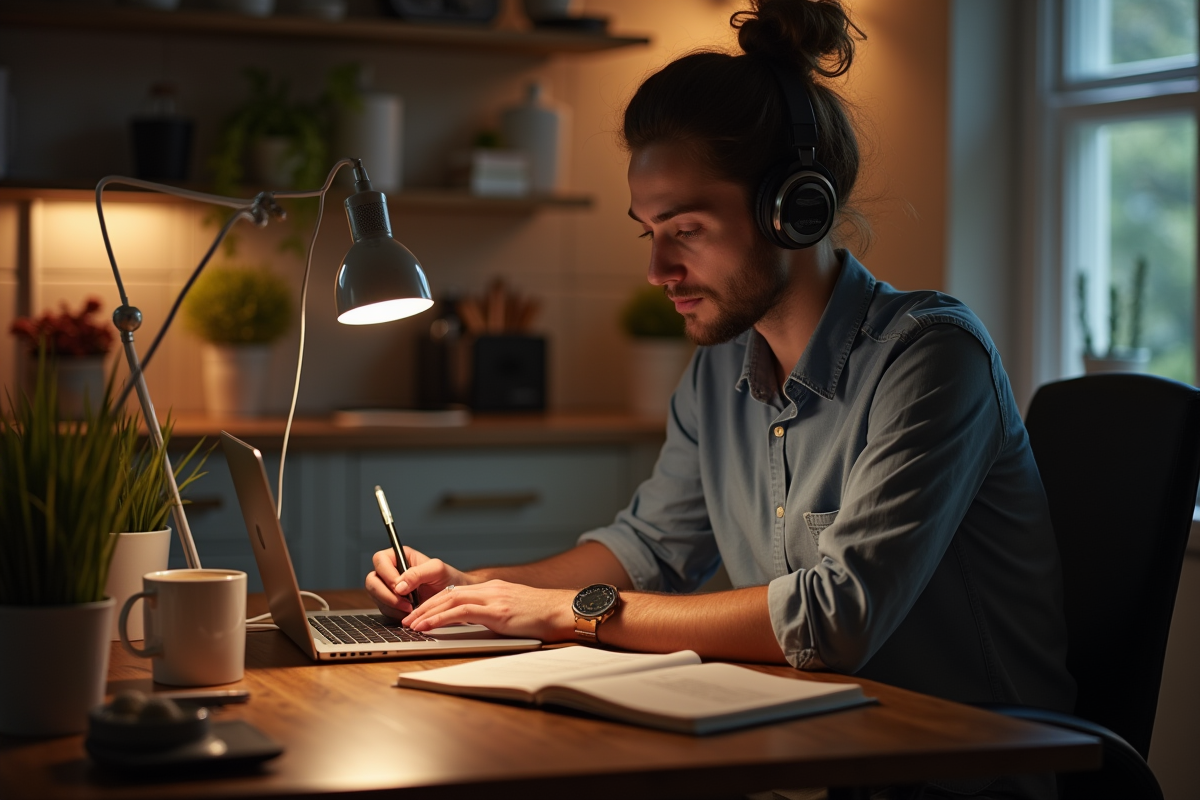 Personne travaillant à distance à la cuisine avec accessoires de travail