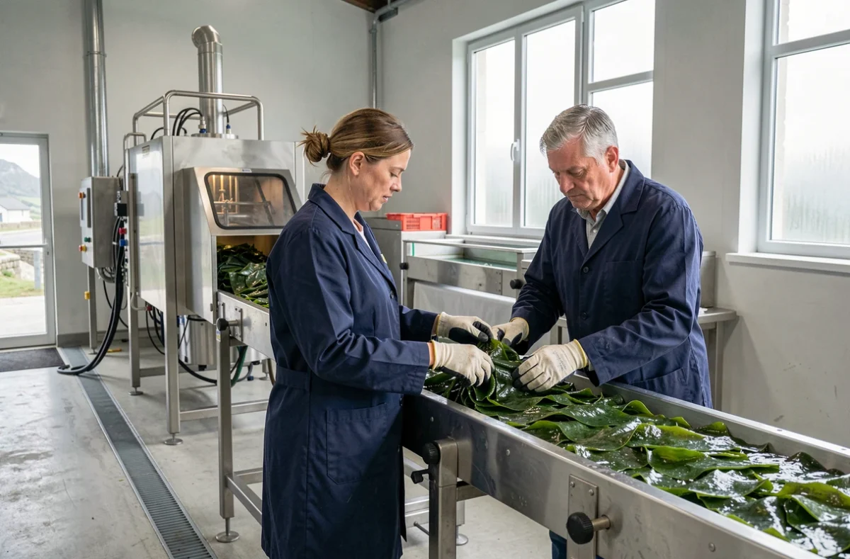 Travailleurs triant des algues goémon dans une usine de transformation en Bretagne