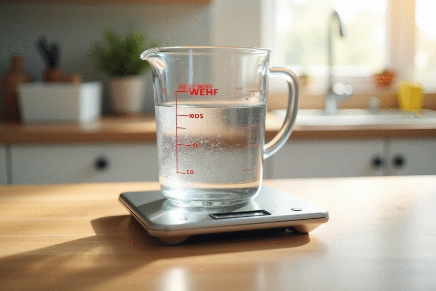 Verre mesureur d'eau sur une balance de cuisine lumineuse