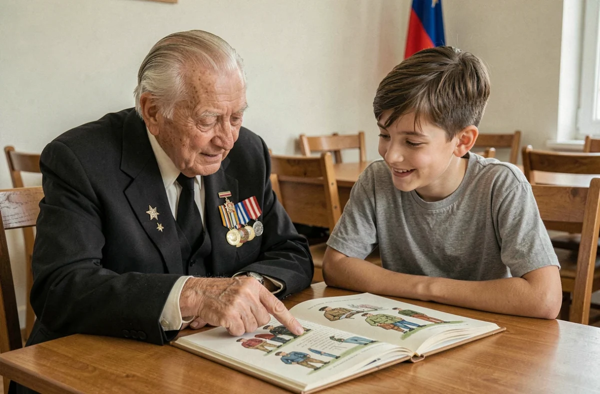 Ancien combattant décoré partageant des partitions de marches militaires avec un jeune garçon dans une salle communale
