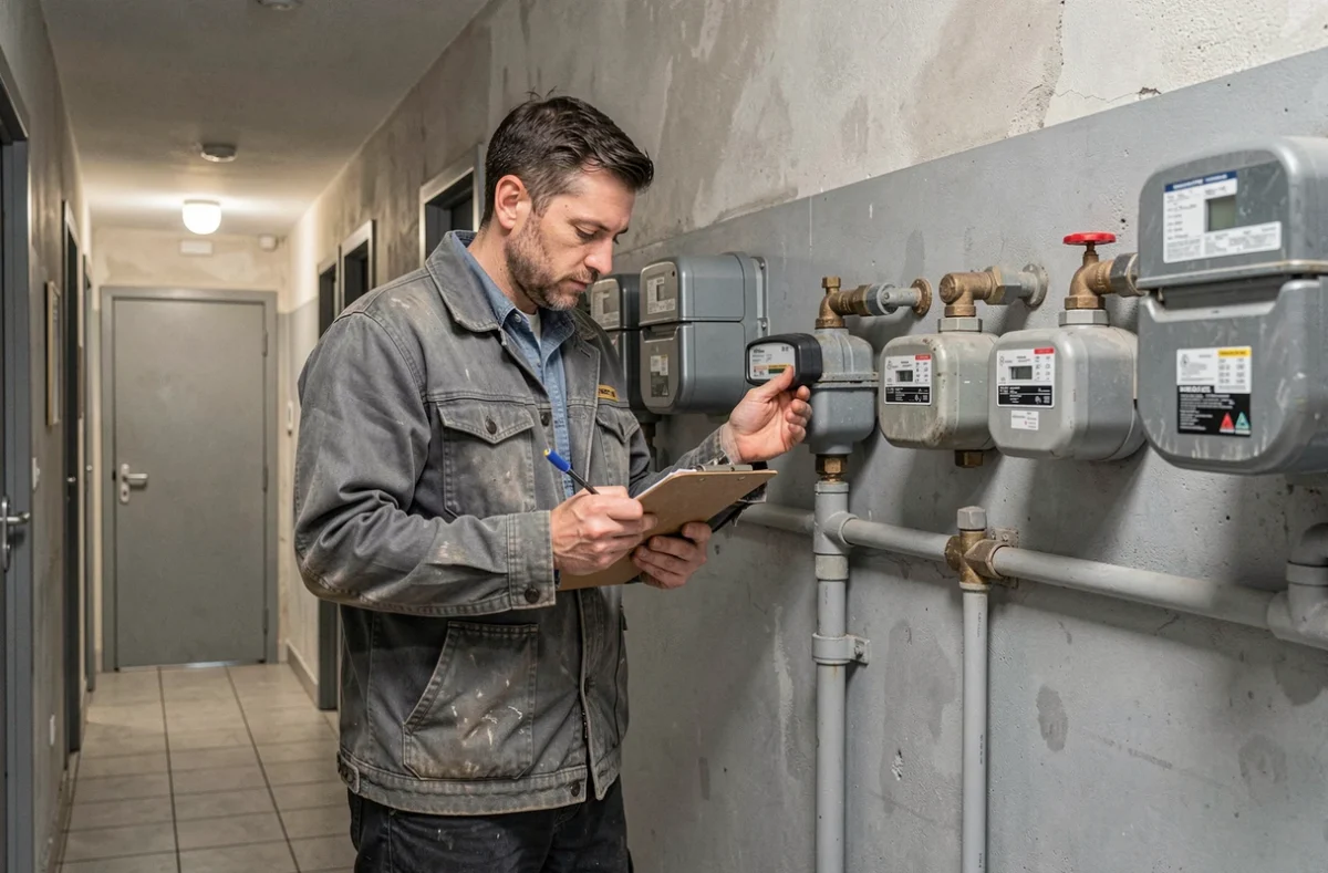Plombier Villamizar Herrera Jhonn inspectant des compteurs d'eau dans un couloir d'immeuble