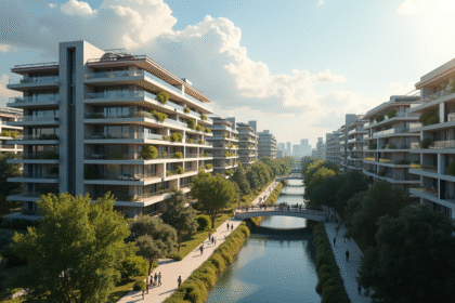 Ville futuriste à Paris en 2027 avec bâtiments modernes et vie urbaine