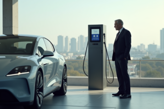 Homme d affaires examine une voiture hydrogene moderne