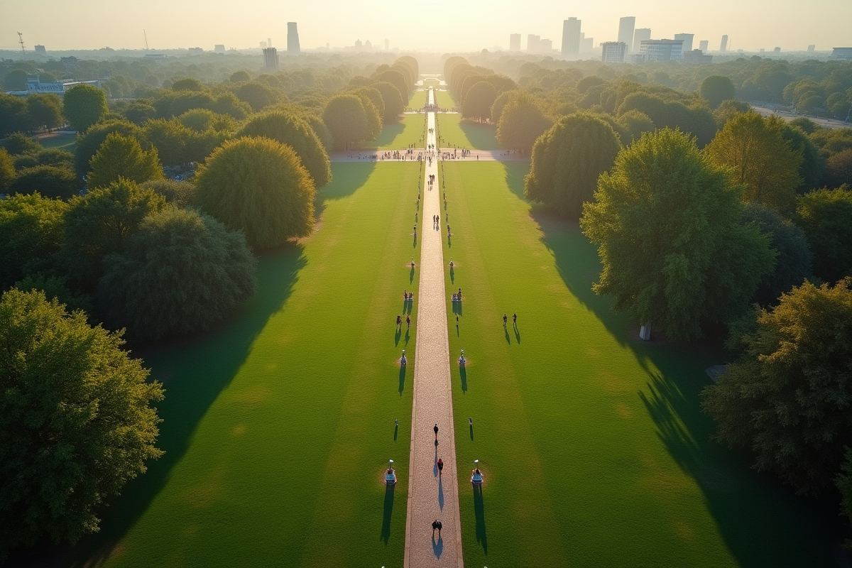Vue du parc vert avec chemin sinueux et passants