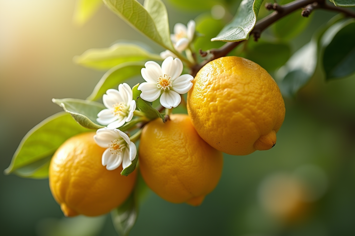 Gros plan sur branche de citronnier avec fleurs et citrons
